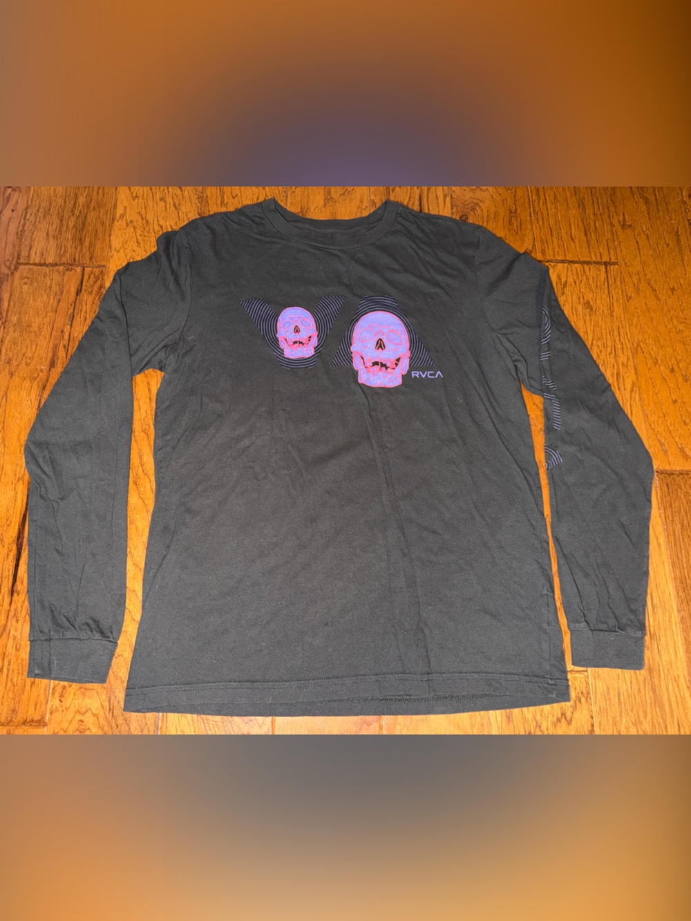 Men’s RVCA Black Long Sleeve Tee with Neon Pink Skull Graphic